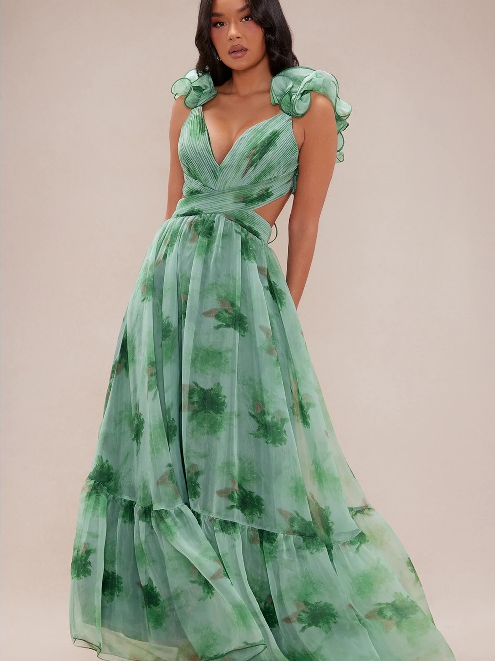 Fashion Nova Green Floral Ruffle Backless Maxi Dress - Picture 4 of 6
